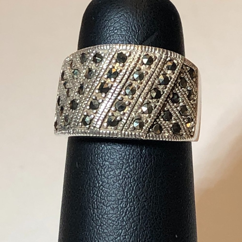 Wide Cigar Band Sterling Ring with Marcasite